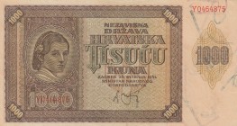 Croatia, 1.000 Kuna, 1941, AUNC (-), p4 
Serial Number: Y0464875
Estimate: 20-40 USD