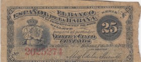 Cuba, 25 Centavos, 1872, FINE (+), p31a 
Serial Number: 2025274
Estimate: 50-100 USD