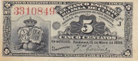 Cuba, 5 Centavos, 1896, UNC, p45 
Serial Number: 3310849
Estimate: 25-50 USD