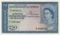 Cyprus, 250 Mils, 1955, XF, p33 
Queen Elizabeth II potrait. Wrote with pen at the back side
Serial Number: A/1 082974
Estimate: 200-400 USD