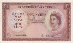 Cyprus, 1 Pound, 1956, XF, p35a 
Portrait of Queen Elizabeth II
Serial Number: A/20 143362
Estimate: 750-1500 USD