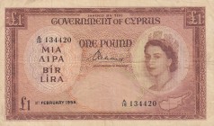 Cyprus, 1 Pound, 1956, VF, p35a 
Queen Elizabeth II potrait. Light stain on the banknote.
Serial Number: A/19 134420
Estimate: 300-600 USD
