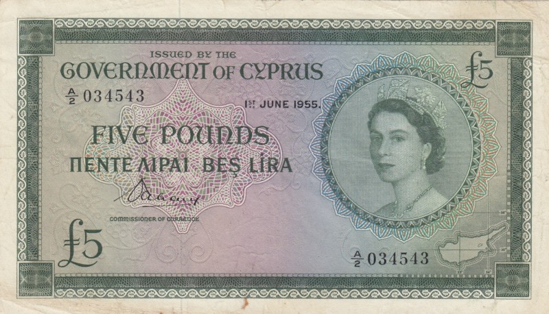 Cyprus, 5 Pounds, 1955, XF, p36 
Queen Elizabeth II potrait. Light stain on the...