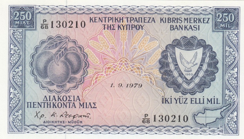 Cyprus, 250 Mils, 1979, UNC, p41c 
Serial Number: P/68 130210
Estimate: 50-100...