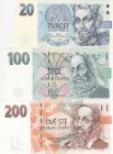 Czech Republic, 0, UNC, (Total 3 banknotes)
20 Korun, 1994, p10a; 100 Korun, 1997; p18; 200 Korun, 1998, p19
Serial Number: A56 596453, D63 004752, ...