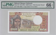 Djibouti, 1.000 Francs, 1991, UNC, p37d 
PMG 66 EPQ
Serial Number: T.004 45621
Estimate: 50-100 USD