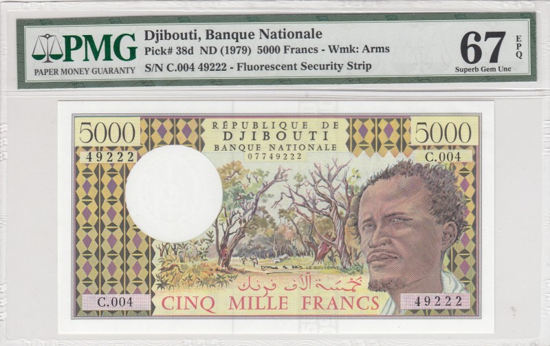 Djibouti, 5.000 Farncs, 1979, UNC, p38d 
PMG 67 EPQ
Serial Number: C.004 49222...