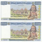 Djibouti, 2.000 Francs, 1997, UNC, p40, (Total 2 concecutuve banknotes)
Serial Number: M.003 67530-31
Estimate: 35-70 USD