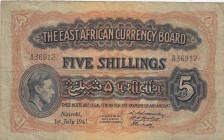 East Africa, 5 Shillings, 1941, FINE, p28 
Serial Number: B/22 36912
Estimate: 75-150 USD