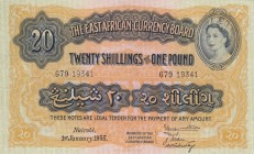 East Africa, 20 Shillings, 1955, UNC, p35a 
Serial Number: G79 19341
Estimate: 300-600 USD