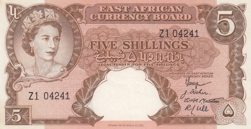 East Africa, 5 Shillings, 1958, XF, p37, "
Serial Number: Z1 04241
Estimate: 1...