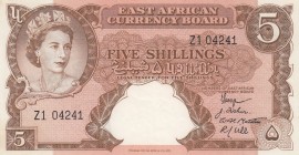 East Africa, 5 Shillings, 1958, XF, p37, "
Serial Number: Z1 04241
Estimate: 100-200 USD