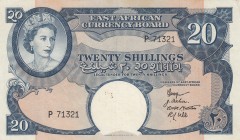 East Africa, 20 Shillings, 1958, VF (+), p39 
Serial Number: P 71321
Estimate: 100-200 USD
