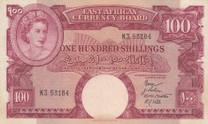 East Africa, 100 Shillings, 1958, VF, p40 
Serial Number: K3 53184
Estimate: 250-500 USD