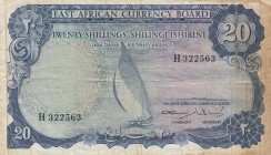 East Africa, 20 Shilings, 1964, FINE, p47 
There are stain.
Serial Number: H322563
Estimate: 50-100 USD