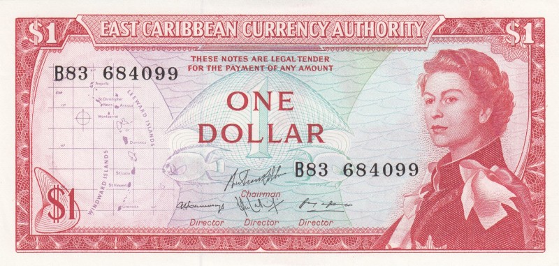 East Caribbean States, 1 Dollar, 1965, UNC, p13g 
Queen Elizabeth II potrait. ...