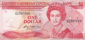 East Caribbean States, 1 Dollar, 1985/1988, UNC, p17k 
Serial Number: C 239734 K
Estimate: 15-30 USD