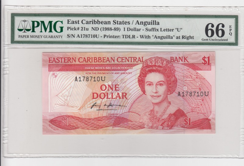 East Caribbean States, 1 Dollar , 1988-1989, UNC, p21u 
PMG 66 EPQ, Anguilla
S...