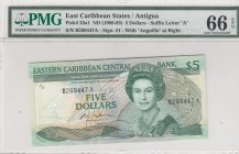 East Caribbean States, 5 Dollars, 1988-1993, UNC, p22a1 
Queen Elizabeth II potrait. PMG 66 EPQ
Serial Number: B269447 A
Estimate: 50-100 USD