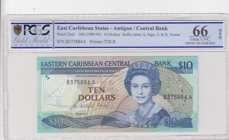 East Caribbean States, 10 Dollars, 1985-93, UNC, p23a2 
PCGS 66 OPQ
Serial Num...