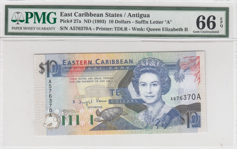 East Caribbean States, 10 Dollars, 1993, UNC, p27a 
PMG 66 EPQ
Serial Number: ...