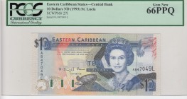 East Caribbean States, 10 Dollars, 1993, UNC, p27ı 
PCGS 66 PPQ
Serial Number: A 847049 L
Estimate: 50-100 USD