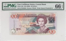 East Caribbean States, 20 Dollars, 2008, UNC, p49a 
PMG 66 EPQ
Serial Number: LF 723439
Estimate: 60-120 USD
