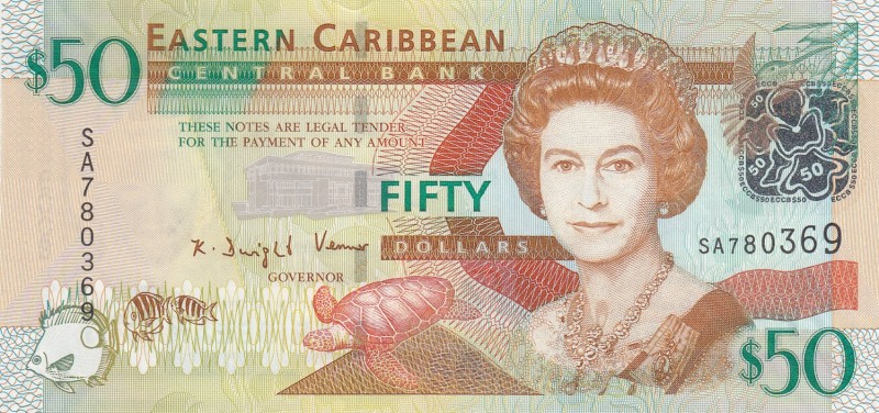 East Caribbean States, 50 Dollars, 2008, UNC, p50 
Serial Number: SA 780369
Es...