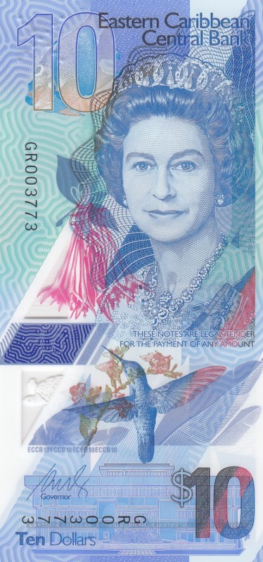 East Caribbean States, 10 Dollars, 2019, UNC, pNew 
Queen Elizabeth II potrait,...