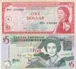East Caribbean States, 1-5 Dollars, (Total 2 banknotes)
1 Dollar, 1965, p13h, VF, There are stain; 5 Dollars, 2008, p47a, UNC
Serial Number: B93 139...