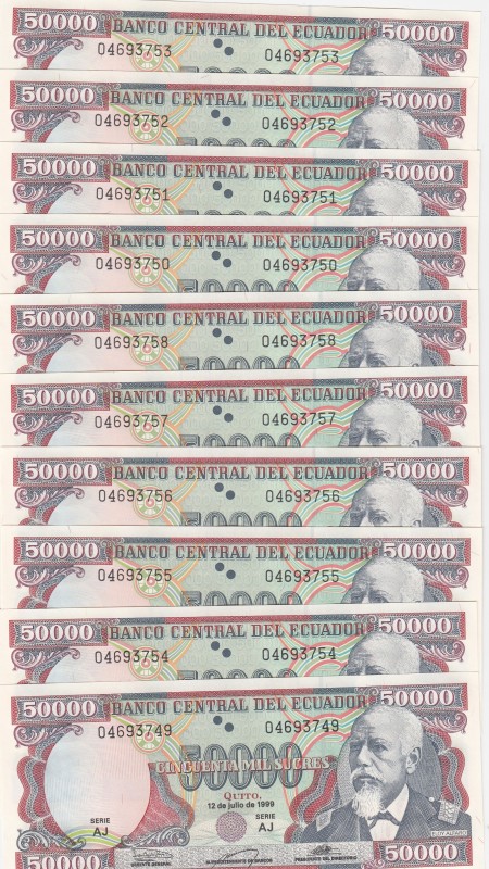 Ecuador, 50.000 Sucres, 1999, UNC, p130d, (Total 10 consecutive banknotes)
Seri...