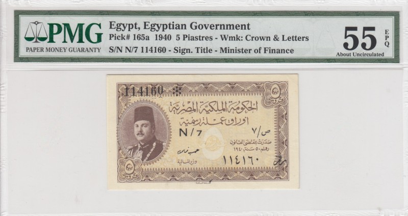 Egypt, 5 Piatres, 1940, AUNC, p165a 
PMG 55 EPQ
Serial Number: 114160
Estimat...