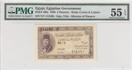 Egypt, 5 Piatres, 1940, AUNC, p165a 
PMG 55 EPQ
Serial Number: 114160
Estimate: 100-200 USD