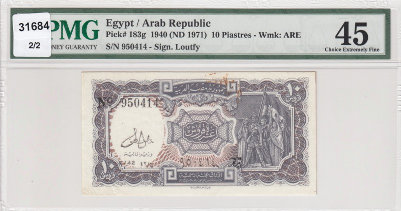 Egypt, 10 Piastres, 1940, XF, p183g 
PMG 45
Serial Number: 950414
Estimate: 2...