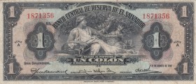 El Salvador, 1 Colon, 1934, VF, p75a 
Serial Number: 1871356
Estimate: 150-300 USD