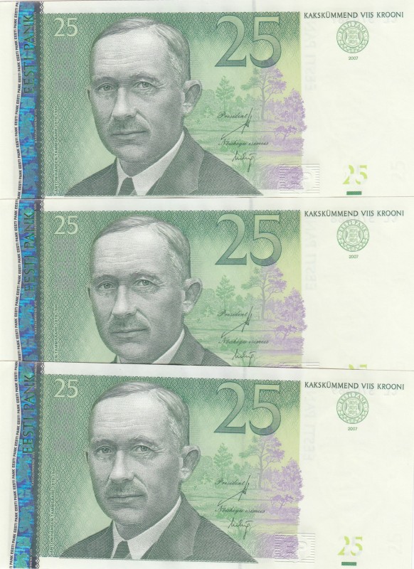 Estonia, 25 Krooni, 2007, UNC, p87, (Total 3 consecutive banknotes)
Serial Numb...