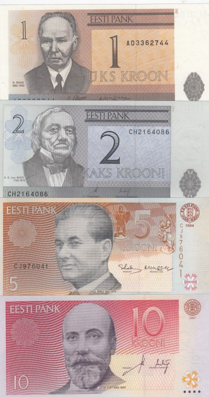 Estonia, 1-2-5-10 Kroon, UNC, (Total 4 banknotes)
1 Kroon, 1992, p69a; 2 Kroon,...