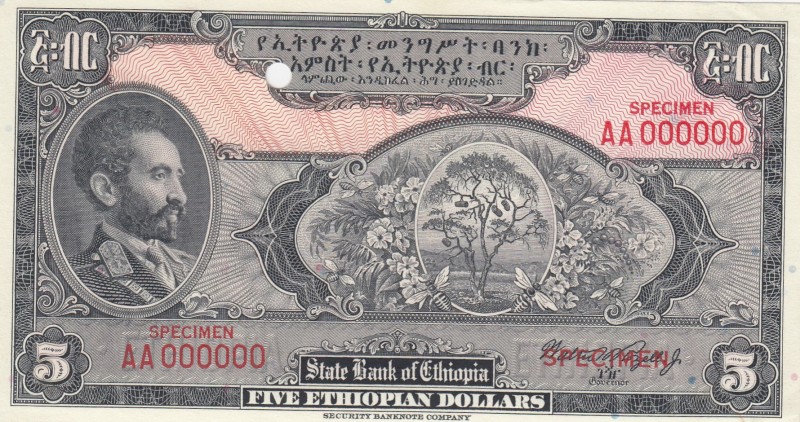 Ethiopia, 5 Ethiopian Dollars, 1945, UNC (-), p13s, SPECIMEN
Serial Number: AA ...