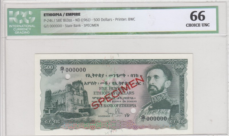 Ethiopia, 500 Dollars, 1961, UNC, p24s, SPECIMEN
ICG 66
Serial Number: G/I 000...