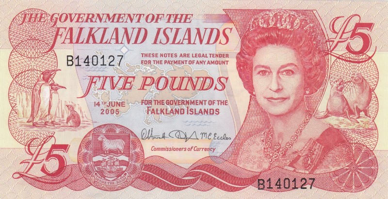 Falkland Islands, 5 Pounds, 2005, UNC, p17 
Queen Elizabeth II potrait. 
Seria...