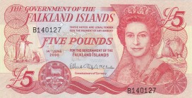 Falkland Islands, 5 Pounds, 2005, UNC, p17 
Queen Elizabeth II potrait. 
Serial Number: B140127
Estimate: 30-60 USD