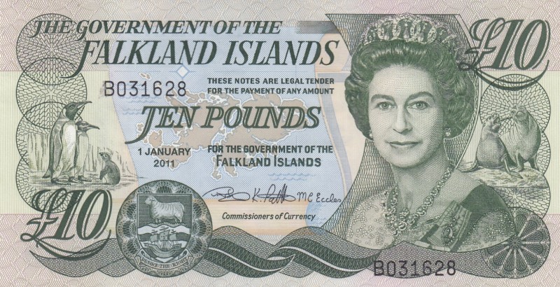 Falkland Islands, 10 Pounds, 2011, UNC, p18 
Queen Elizabeth II potrait. 
Seri...