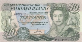 Falkland Islands, 10 Pounds, 2011, UNC, p18 
Queen Elizabeth II potrait. 
Serial Number: A182450
Estimate: 30-60 USD