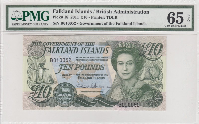 Falkland Islands, 10 Pounds, 2011, UNC, p18 
PMG 65 EPQ
Serial Number: B010052...