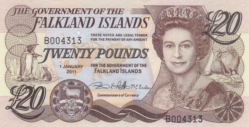 Falkland Islands, 20 Pounds, 2011, UNC, p19 
Queen Elizabeth II potrait. 
Seri...