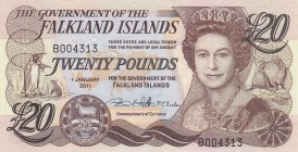 Falkland Islands, 20 Pounds, 2011, UNC, p19 
Queen Elizabeth II potrait. 
Serial Number: B004313
Estimate: 40-80 USD