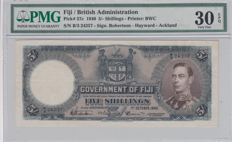 Fiji, 5 Shillings, 1940, VF, p37c 
PMG 30 EPQ, King George VI portrait at right...