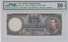 Fiji, 5 Shillings, 1940, VF, p37c 
PMG 30 EPQ, King George VI portrait at right
Serial Number: B/3 24257
Estimate: 100-200 USD