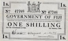 Fiji, 1 Sihiling, 1942, XF, p48 
Serial Number: 47708
Estimate: 75-150 USD