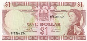 Fiji, 1 Dollar, 1974, UNC, p71b 
Queen Elizabeth II potrait. 
Serial Number: B/3394234
Estimate: 25-50 USD